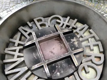 Weathered metal lettering embedded in the Warsaw Uprising Monument pavement