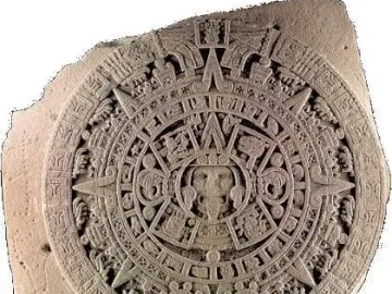 The Aztec Sun Stone, a large circular carved stone disc with a central face and concentric rings of symbols and figures.