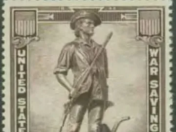 War savings stamp featuring The Minute Man statue with a rifle beside a plow.
