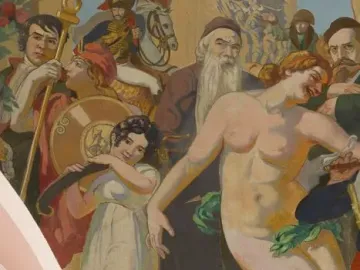La Danse mural detail with a nude female figure stepping forward among a crowd, framed by an arch and a woman playing a wind instrument.