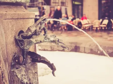 A bronze frog on a weathered stone column spouts water, with café tables and people blurred in the background.