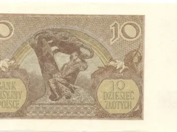 Engraved depiction of the Chopin Monument on a Polish 10 złotych banknote, showing a seated figure beneath a gnarled willow tree.