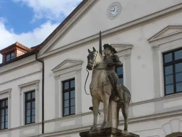 Haldensleben Roland statue of a knight on horseback holding a sword upright in front of a town hall