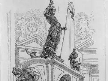 Engraving of the Mausoleum of Prince Ernst, showing an ornate monument with a large male figure at the top and many sculpted figures below.
