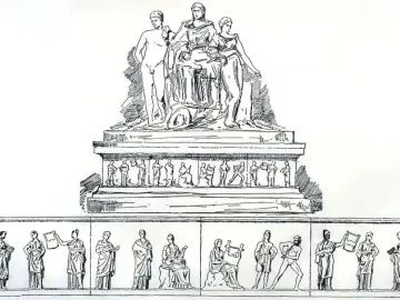 Mantineia Base showing a classical monument with three large figures above two tiers of relief sculpture.