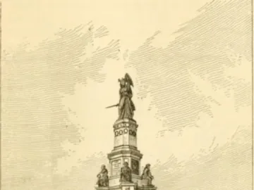 Engraving of the Michigan Soldiers\' and Sailors\' Monument with a multi-tiered pedestal, sculpted figures, and a standing statue at the top, surrounded by an iron fence and lampposts.