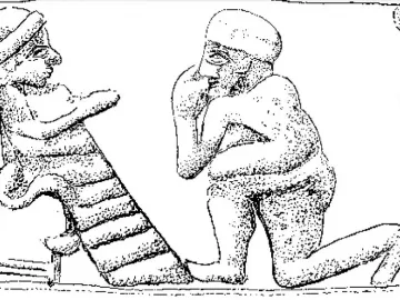 Detail of the Worshipper of Larsa showing a seated, turbaned figure with outstretched hands facing a kneeling figure with raised hands.