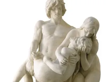 The First Funeral sculpture showing three nude figures in a tragic embrace, with a man carrying a limp youth beside a grieving woman.