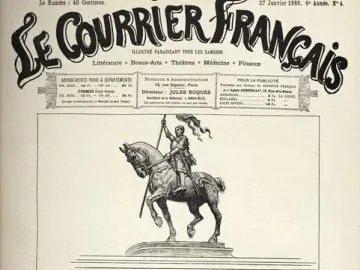 Joan of Arc equestrian statue showing an armored rider holding a banner aloft on a horse above a plain pedestal.