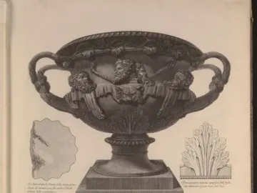 The Warwick Vase shown as a detailed engraving of a large marble krater with two handles, bearded masks, and an inscribed pedestal, flanked by small decorative studies.