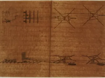 Technical drawing showing a marble block for the Equestrian Statue of Louis XIII being moved on a wooden cradle with ropes, winches, and pulleys.