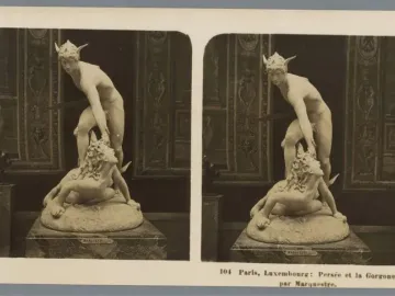 Sepia stereoscopic photograph of Perseus and the Gorgon sculpture, showing a nude Perseus with a winged helmet poised over Medusa.