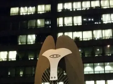 The Picasso sculpture with a stylized face and oval eyes stands illuminated at night against a building with glowing windows.