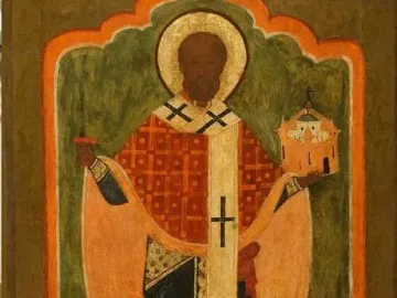 Saint Nicholas of Mozhaysk icon showing a haloed saint holding a sword and a small building model.