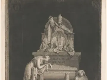 Tomb of Pope Clement XIV with a seated pope figure above two mourning women beside a sarcophagus