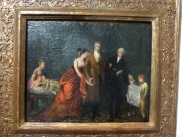 Framed oil painting showing several figures, including women, children, and two men, in a dark interior.