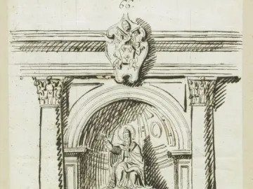 Pen-and-ink drawing of the Tomb of Pope Urban VIII with a seated pope figure, sarcophagus, and reclining allegorical figures beneath an ornate arch