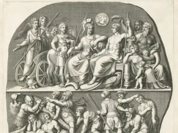 Gemma Augustea engraving showing a two-tiered classical scene with divine figures above and soldiers with captives below.