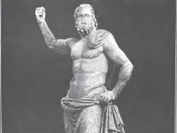 Poseidon of Melos, a bearded male statue with one arm raised and a draped garment around the lower body.