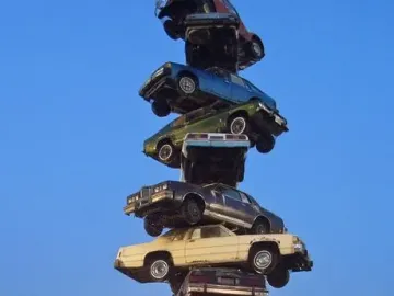 The Spindle sculpture made of vertically stacked cars with people and bicycles gathered around it at dusk.