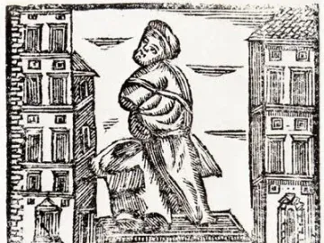 Woodcut print of the Pasquino statue flanked by buildings, with the word Pasquino below.