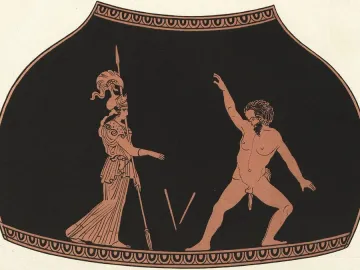 Athena and Marsyas depicted in a red-figure vase painting, with a helmeted woman holding a spear facing a nude bearded man with an animal tail.