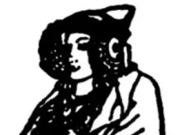 Black and white line drawing of the Lady of Elche bust with an ornate headdress and large ear coverings.