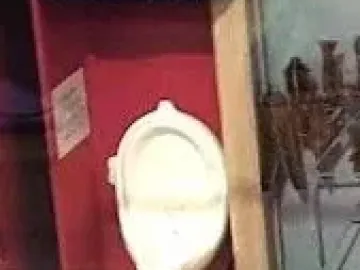 Marcel Duchamp’s Fountain, a white porcelain urinal mounted vertically against a red background.