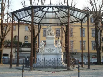 The Monument to Nicola Demidoff stands inside a glass-domed pavilion with slender iron columns, surrounded by bare trees and a building.