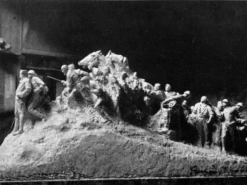 Wars of America sculptural model with warriors and horses advancing across textured terrain.