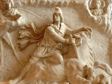 Mithras of Fiano Romano relief showing Mithras slaying the bull, with celestial figures above and a dog and snake below.