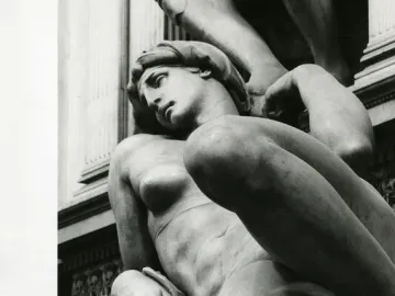 The Dawn sculpture in Florence, shown in black and white.