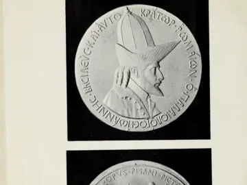 Relief medal of John VIII Palaiologos with a bearded profile bust in a tall ridged hat and a second medal showing mounted figures.