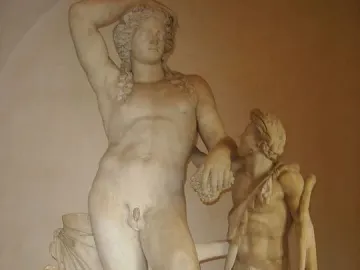 Ludovisi Dionysus marble sculpture showing Dionysus beside a smaller satyr and a panther at their feet.