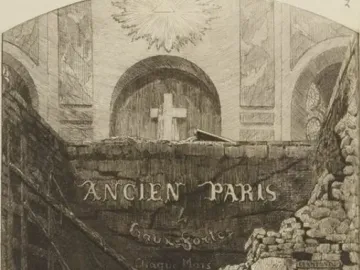 Stone fragments from the Nautae Parisiaci Pillar with carved figures, animals, and Latin inscriptions, stacked beneath an inscribed wall marked \