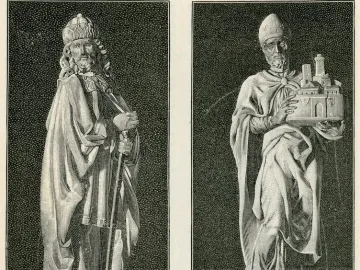 Engraving of Saint Petronius, a robed bishop with a mitre holding a miniature fortified city.