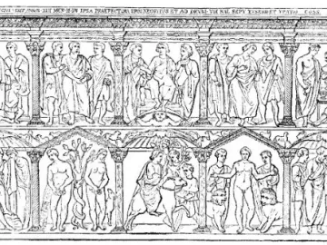 Line drawing of the Sarcophagus of Junius Bassus with two tiers of carved scenes and figures in framed compartments.