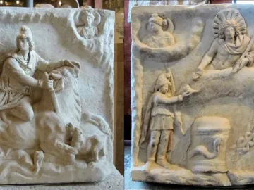 Mithras of Fiano Romano relief showing Mithras slaying a bull, with celestial figures above and animals below.