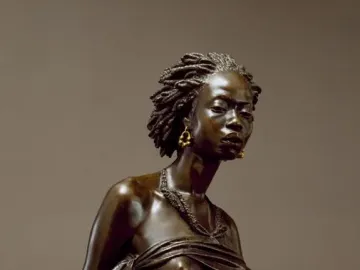 The Nubian Woman bronze bust of a woman with braided hair, hoop earrings, and a beaded necklace on a fluted pedestal.