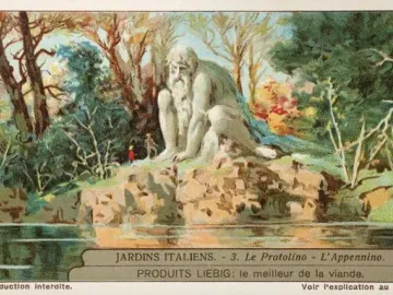 The Apennine Colossus, a colossal bearded stone figure, squats among trees and rocks beside the water.