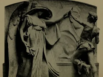 Relief sculpture of Death and the Sculptor showing a winged female figure in a hat restraining a sculptor beside a draped bust.