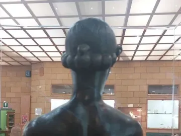 Back view of the Efebo de Selinunte bronze statue behind glass in a museum display.
