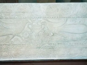 Plutei of Theodota stone relief with two stylized birds facing a chalice topped by a cross