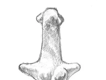 Pencil drawing of the Venus of Langenzersdorf, showing a stylized female figurine with an elongated neck and rounded hips.