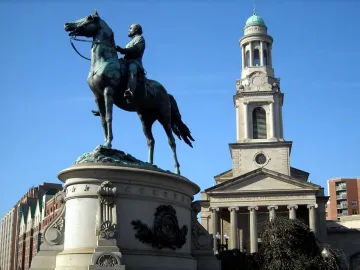 George Henry Thomas equestrian statue in front of the National City Christian Church steeple and dome