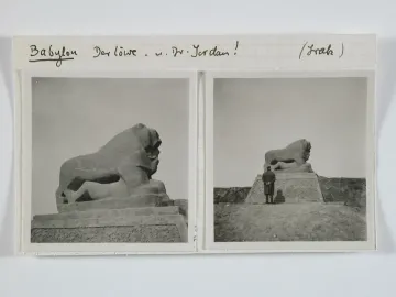 Two black-and-white views of the Lion of Babylon monument, showing a stone lion on a tiered base with a person standing beside it in one view.
