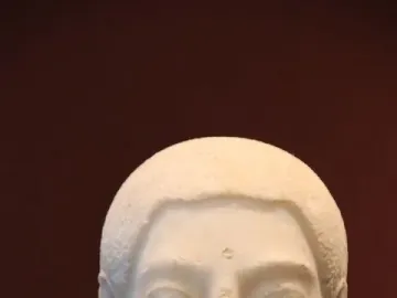 Sabouroff Head marble bust of a male figure with textured hair, mustache, and beard on a stand.