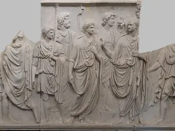Cancelleria Reliefs marble frieze with draped figures, including several damaged and headless figures.