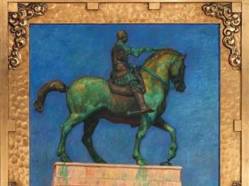 Gattamelata equestrian statue on a pedestal against a blue background