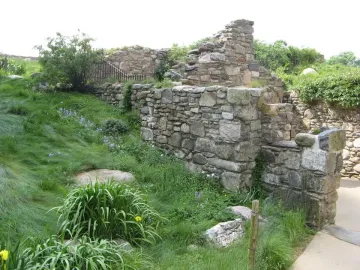 Grassy hillside with wildflowers, weathered stone walls, a wooden fence, and a path on the Irish Hunger Memorial.